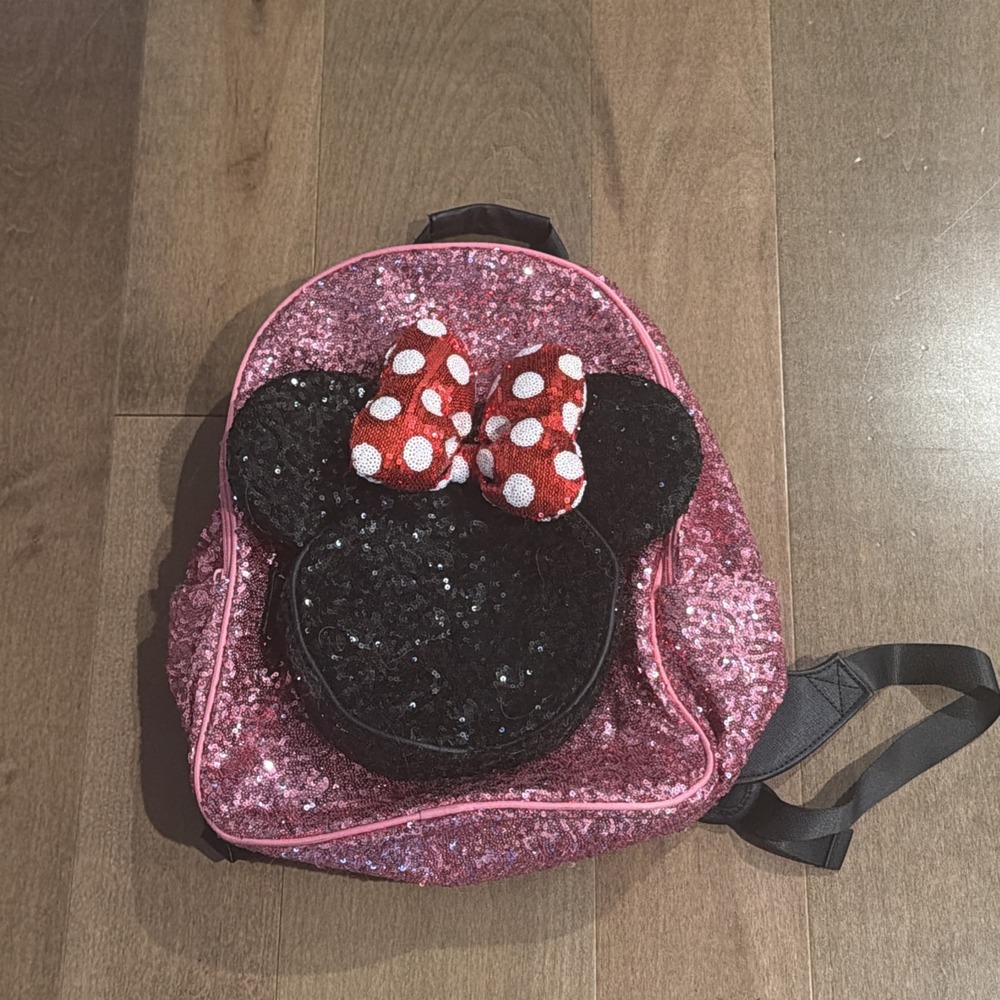 Disney Minnie Mouse Pink Sequin Backpack 3D Mouse Ears Polka Dot Bow